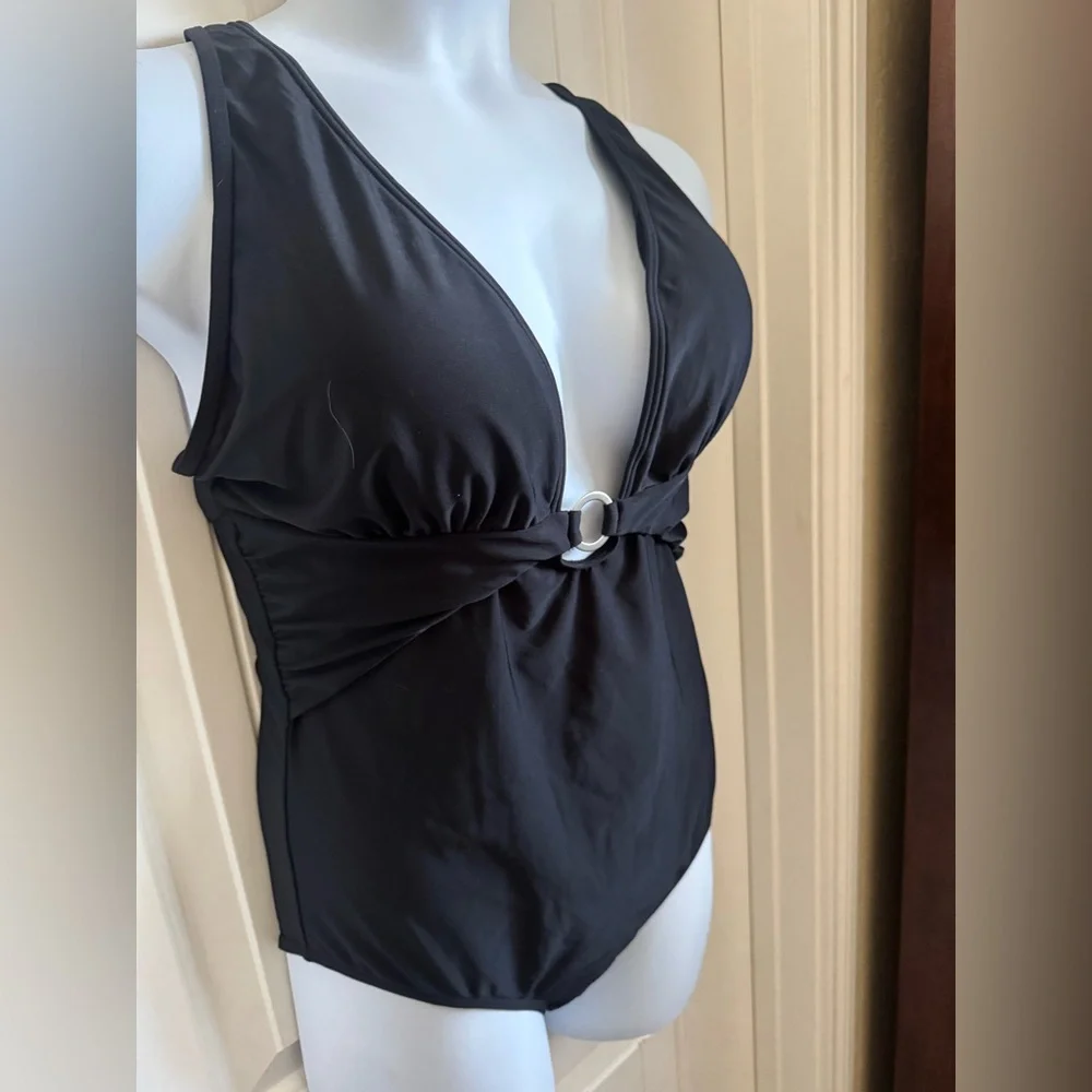 NWT Tournesol One Piece Black Swimsuit Cut Out V Neck Cross-Back Straps, Large